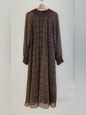Madewell Black Floral Long Sleeve Midi Dress with Pink & Cream Accents
